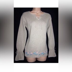 Laura Ashley Beige Knit Sweater with Lace-Up Detail